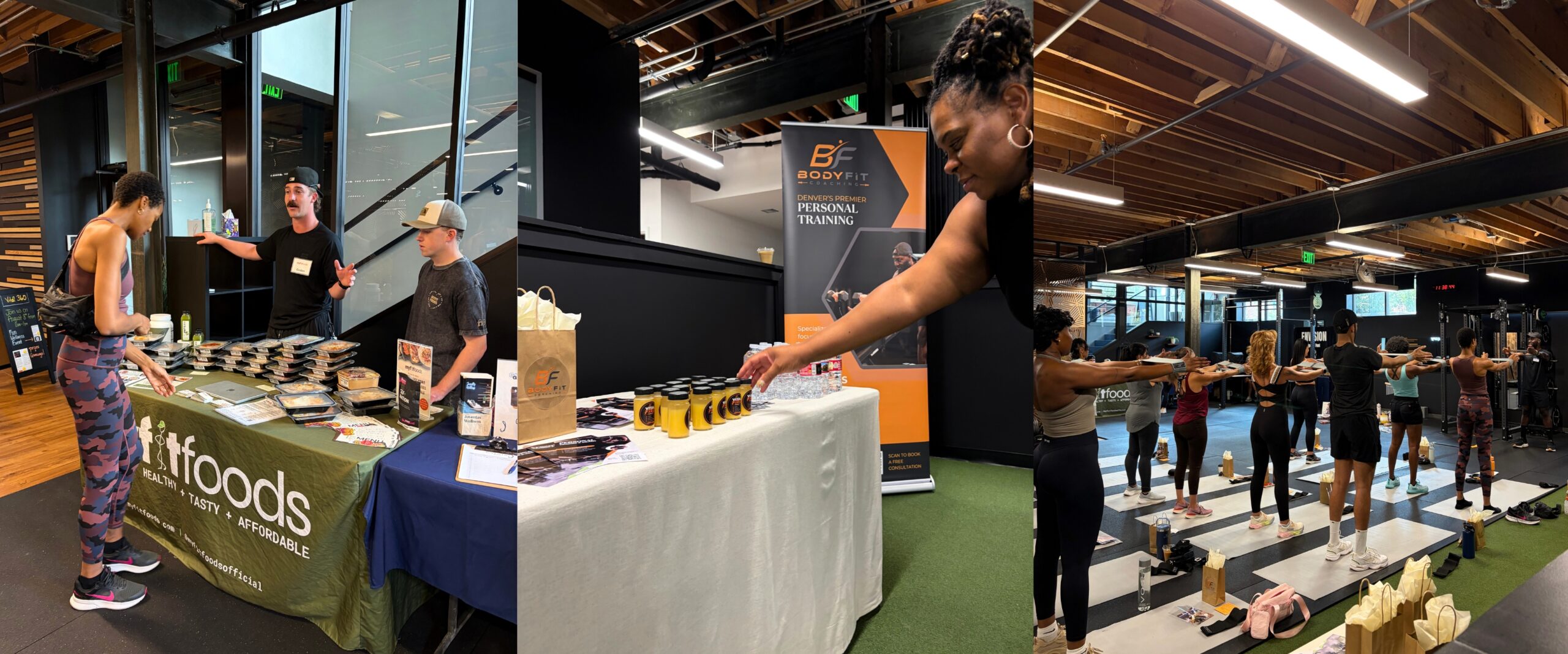 A person selects a wellness shot at a Denver health event while a meal prep vendor guides a client and a fitness workout takes place in the background.
