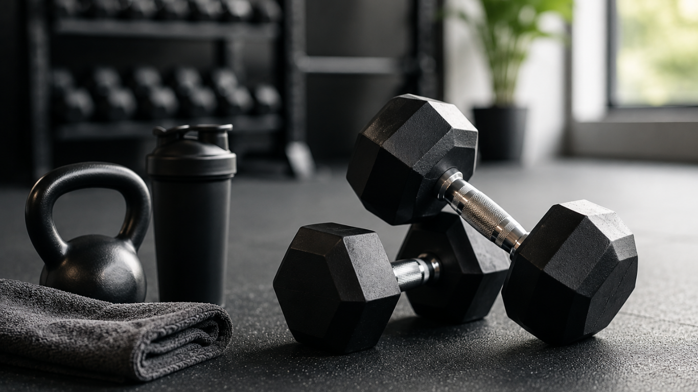 Dumbbells and strength training equipment in a modern gym.