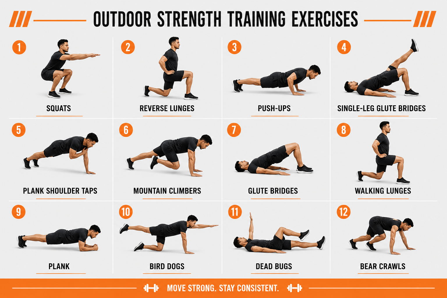 Outdoor strength training exercises for a Denver park workout.