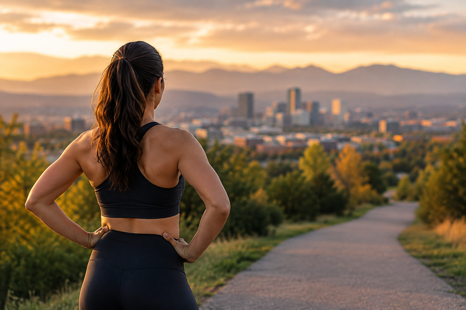 Woman exercising on a Denver trail at sunset with mountains and city skyline.